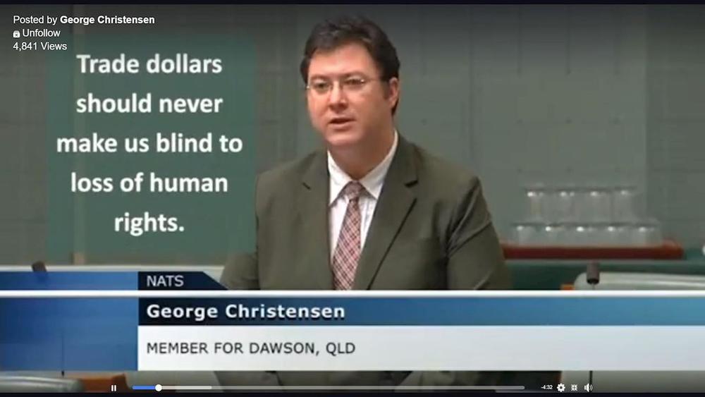 George Christensen spricht im Juni 2018 im australischen Parlament über die Verfolgung von Falun Dafa und anderen religiösen Gruppen durch die KP Chinas sowie über die Unterwanderung Australiens durch die Partei (Video-Screenshots seiner Rede).