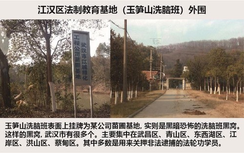 Auf dem Schild im Foto ist zu lesen: „Stadt Wuhan, Jiangcheng Gärtnerei-Baumschule“ obwohl es in Wirklichkeit eine dunkle Höhle für Gehirnwäsche ist.