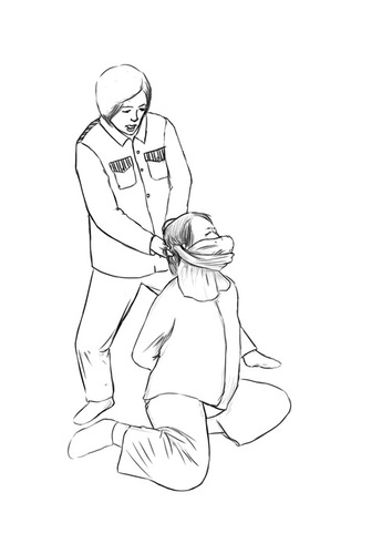 Folter-Zeichnung: Den Mund mit einem Lappen verstopft und ein Handtuch um den Hals gewickelt 
