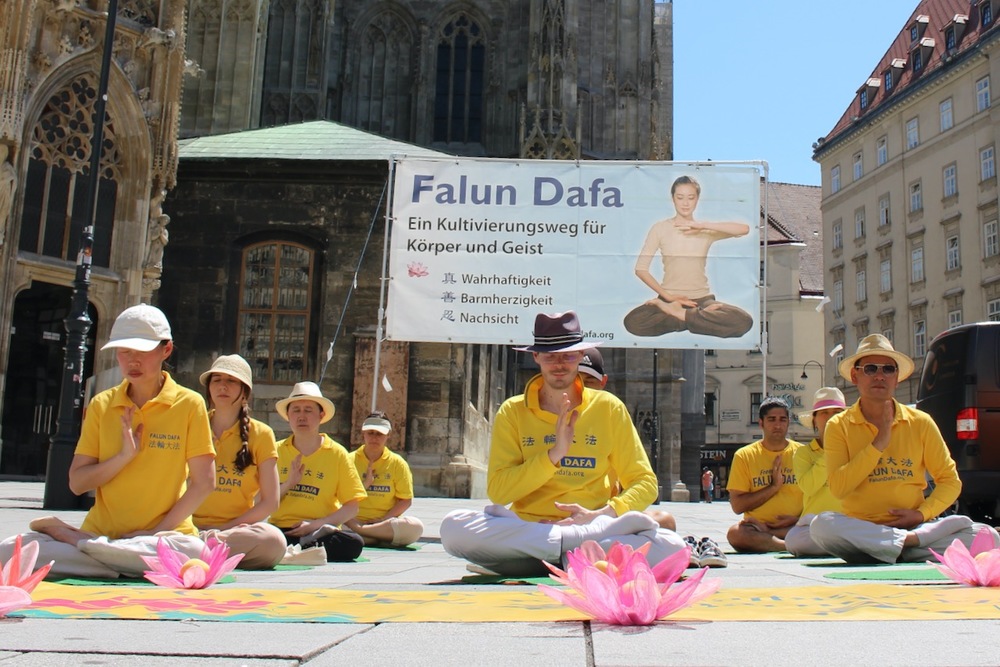 Falun-Gong-Praktizierenden meditieren für ein Ende der Verfolgung von Falun Gong in China. Foto: FDI Österreich