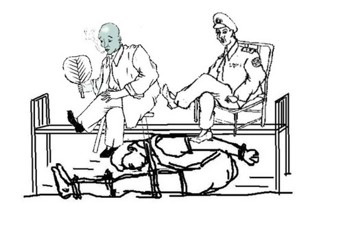 Zwei Wachebeamte zwingen Praktizierende in eine gebückte Haltung, indem sie sich auf sie setzen.