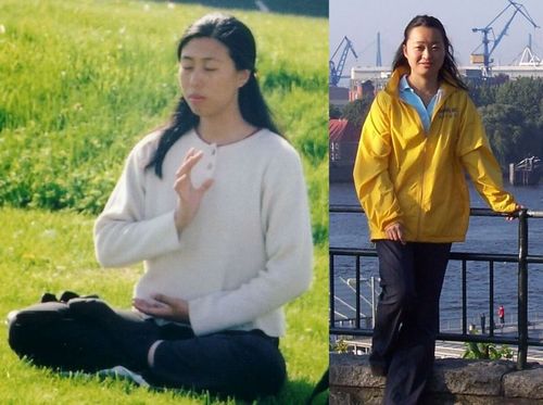Die beiden Frauen informieren über die Verfolgung an Falun Gong auch im Ausland: Frau DI Lili Kirner 2002 in Island (links), Frau Lihua Zheng 2006 in Hamburg (rechts)